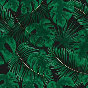绿色叶子的无缝模式。绿色热带背景水彩风格。矢量自然, 植物学, 典雅图案. 保存背景设计与森林绿色草本, 叶子, 蕨类植物