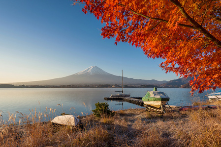 在秋天的颜色从湖河口湖富士山视图