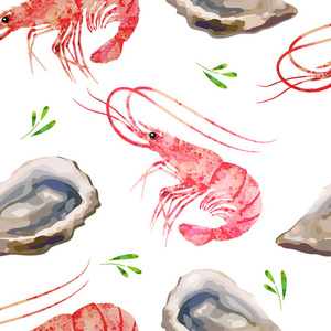 无缝图案海鲜。虾和牡蛎水彩例证