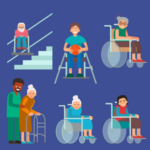 残疾残疾人多样的人矢量轮椅无效的人帮助残疾字符禁用医疗援助插图