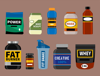 健美运动员运动食品饮食符号健身营养蛋白粉饮料矢量插画