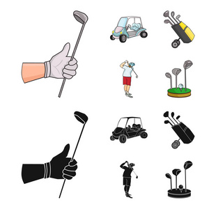 戴手套的手拿着棍子一辆高尔夫球车一个装着棍子的手推车袋, 一个人用棍子锤打。高尔夫俱乐部集合图标在卡通, 黑色风格矢量符号股