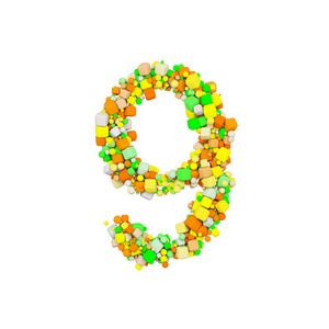 字母数字9。由橙色绿色和黄色形状立方体组成的滑稽字体。3d 渲染在白色背景下被隔离