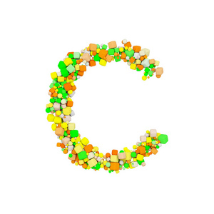 字母 C 字母大写。由橙色绿色和黄色形状立方体组成的滑稽字体。3d 渲染在白色背景下被隔离