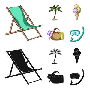 沙滩, 棕榈树, 冰淇淋。暑假集合图标在卡通, 黑色风格矢量符号股票插画网站