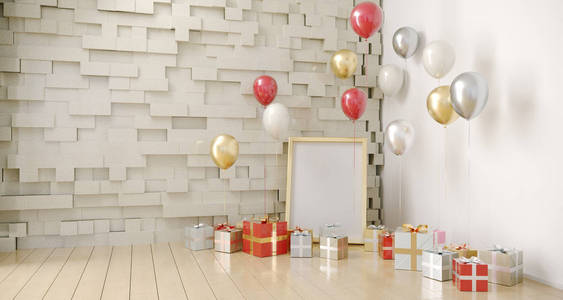 空的房间与气球和礼物与空的白板。三维