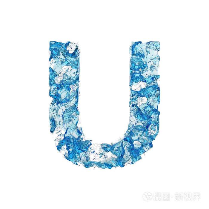 字母u大写由蓝色透明的水制成的液体字体3d渲染在白色背景下被隔离