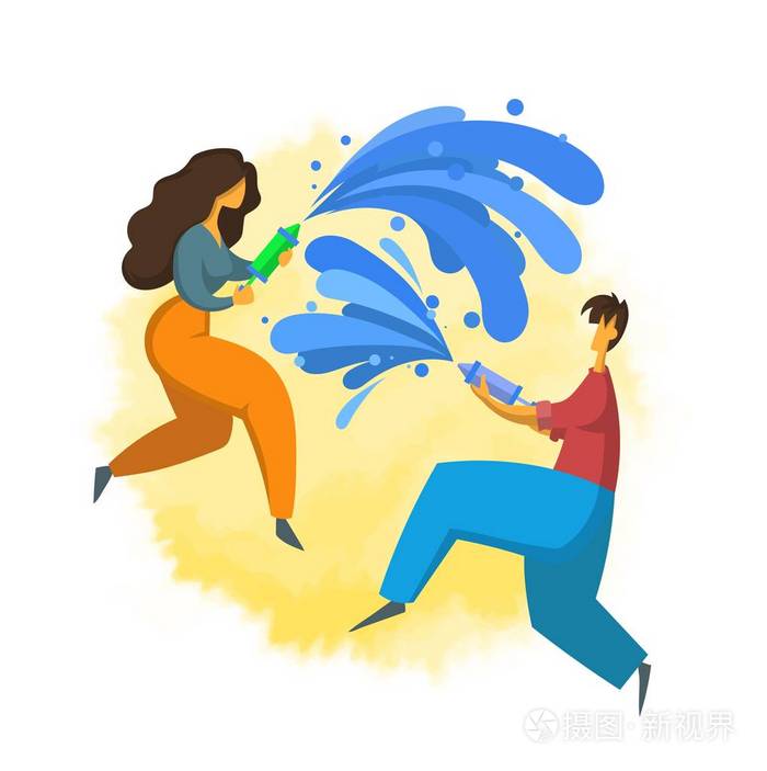 泼水节 泰国新年节.男人和女人互相浇水.矢量插图的平面样式.