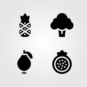 水果蔬菜矢量图标集。菠萝花椰菜石榴和番石榴