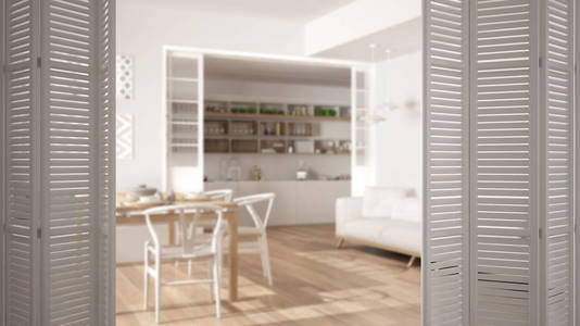 白色折叠门打开现代客厅和厨房, 白色室内设计, 建筑师设计理念, 模糊背景