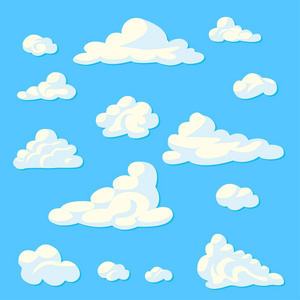 卡通云设置在蓝色背景。矢量插图