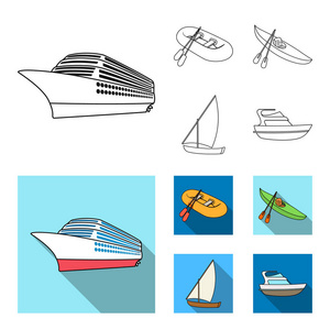 一艘橡皮渔船, 一只划着桨的独木舟, 一条钓鱼帆船, 一辆摩托游艇。船舶和水运集合图标的轮廓, 平面式矢量符号股票插画网站