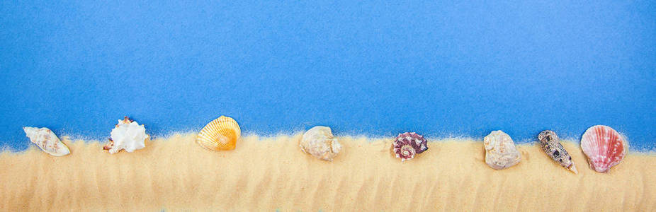 蓝色背景上的沙子壳。海岸拷贝空间为文本横幅概念平的放置
