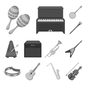 音乐仪器单色图标集集合中的设计。弦和管乐器矢量符号股票网页插图