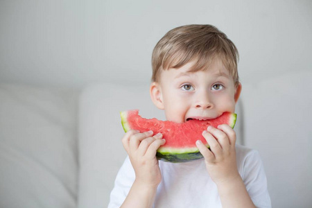 一个4岁的小可爱男孩正在吃西瓜。夏天。热。西瓜。一个带着西瓜的快乐男孩的肖像。明亮的色调。舒适