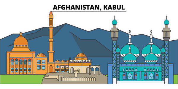 阿富汗, 喀布尔。城市天际线 建筑, 建筑物, 街道, 剪影, 景观, 全景, 地标。可编辑笔画。平面设计线矢量图解概念。孤立