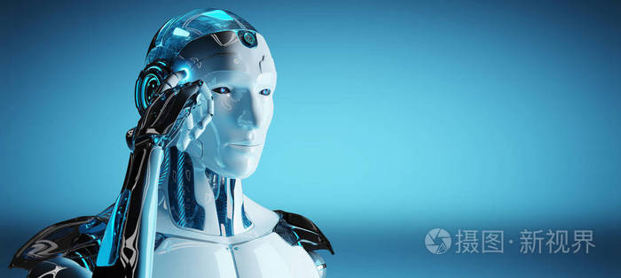 白人男性机器人思考和触摸他的赫顿深蓝色背景