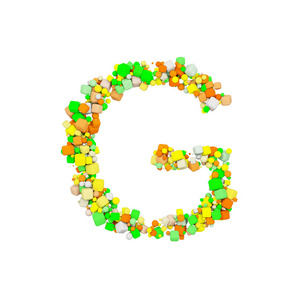字母 G 大写。由橙色绿色和黄色形状立方体组成的滑稽字体。3d 渲染在白色背景下被隔离