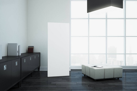 现代办公室内部与家具, 空白横幅在墙壁和城市看法。模拟, 3d 渲染