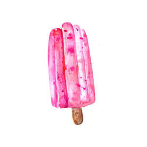 粉红色水彩冰淇淋在白色背景下隔离。孤立的粉红色冰棒与多汁水果夏季街头食品。手绘插图。绘画