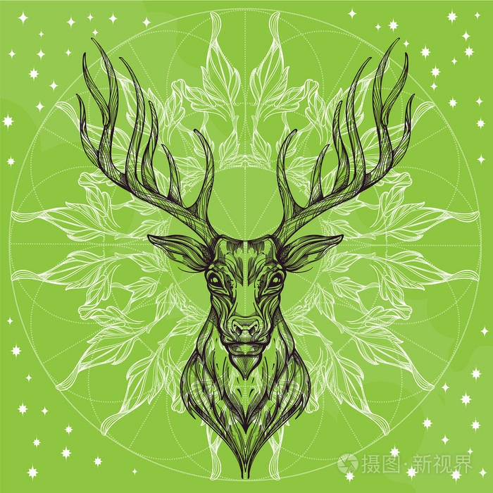 鹿头与装饰装饰品的叶子.手绘, 素描风格.绿色背景的轮廓向量图