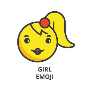 女孩 emoji 表情矢量线图标, 符号, 背景插图, 可编辑笔画