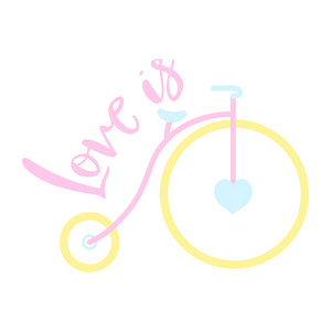 爱情是女孩的复古式自行车设计。可爱的糖果颜色。矢量插图