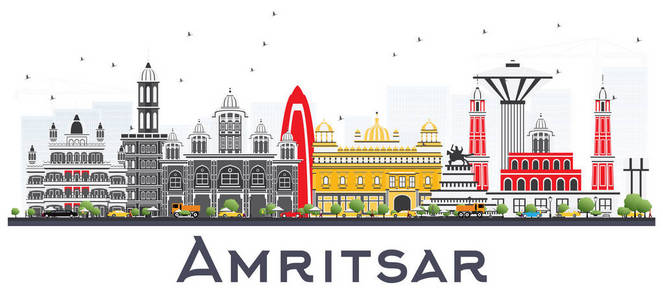 印度城市的地平线上, 灰色建筑被白色隔开。矢量插图。商务旅游和旅游概念与历史建筑。有地标的阿姆利的城市景观