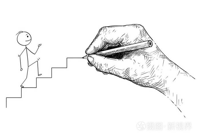 男人或商人的卡通走上楼和大手为他画的方式