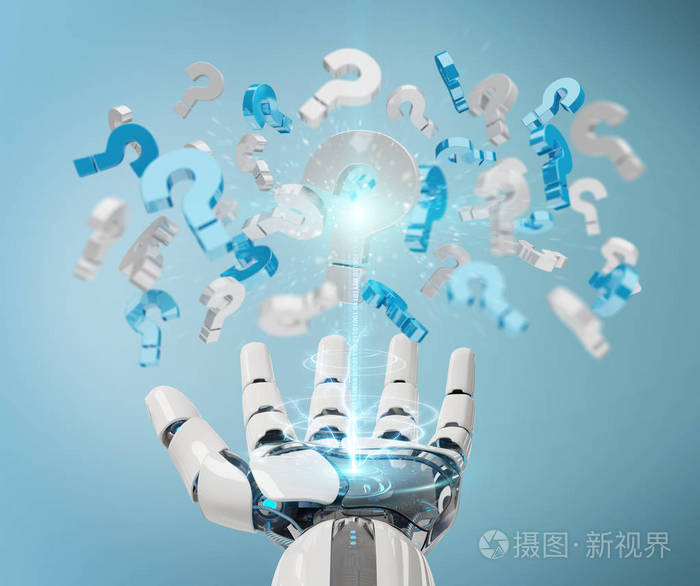 白色机器人手在模糊的背景使用数字问号3d 渲染