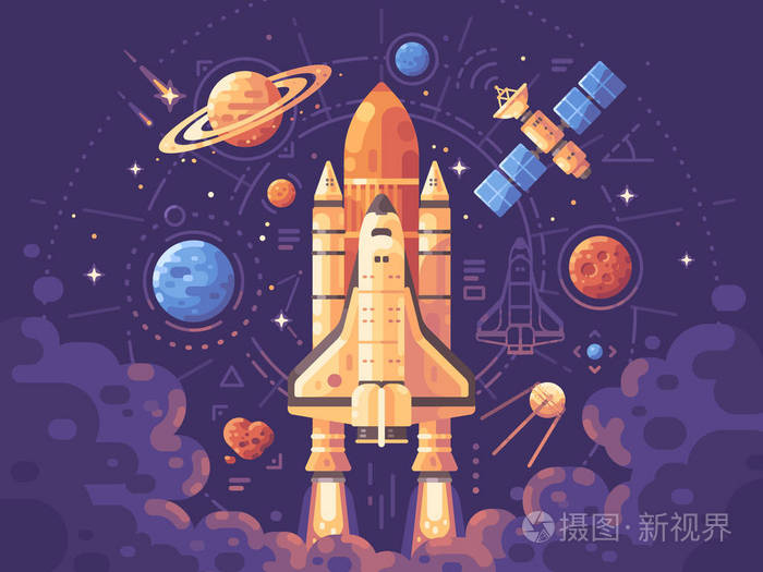 航天飞机发射背景.七彩天文横幅插画-正版商用图片0ob1ac-摄图新视界