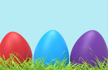 复活节五颜六色的鸡蛋在绿草。关门了3d 插图