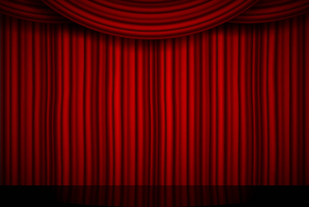 创意矢量插画的舞台与奢华的大红丝绸天鹅绒窗帘和织物窗帘的背景上隔离。艺术设计。音乐派对剧场马戏歌剧表演的概念元素