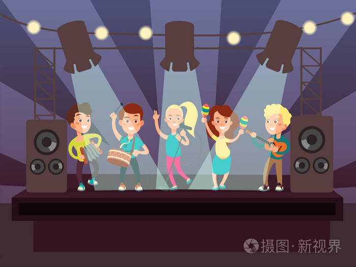 音乐节目与孩子乐队演奏摇滚在舞台卡通矢量插画