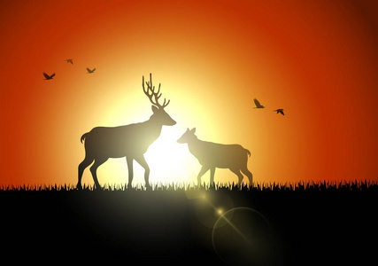 剪影鹿和鸟在日落的例证