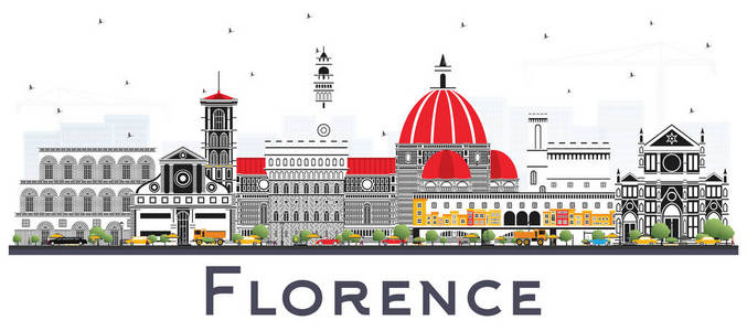 佛罗伦萨意大利城市天际线与彩色建筑隔绝在白色。矢量插图。商务旅游和旅游理念与现代建筑。佛罗伦萨城市景观与地标