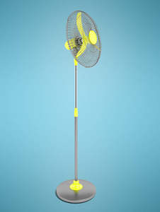 现代螺旋桨在一个金属圆顶与黄色螺旋桨在脚3d 渲染蓝色背景与阴影