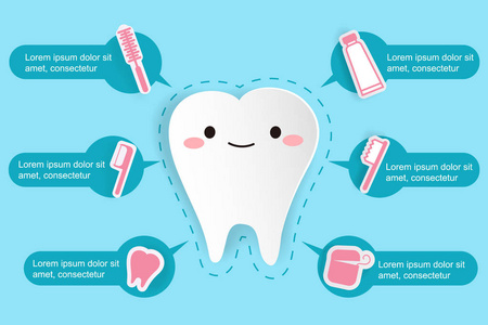 可爱的卡通牙在蓝色背景上