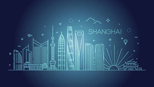 上海建筑线天际线插图。具有著名地标的线性矢量城市景观