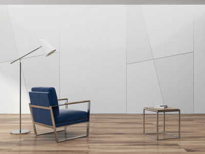 白色几何墙壁图案空客厅内部与木地板, 一盏灯, 一张茶几和一个蓝色扶手椅。一个特写。3d 渲染模拟