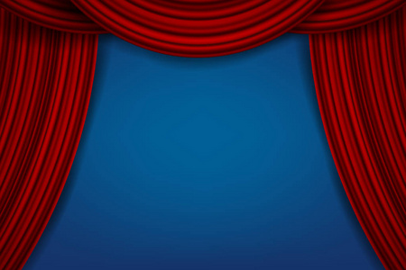 创意矢量插画的舞台与奢华的大红丝绸天鹅绒窗帘和织物窗帘的背景上隔离。艺术设计。音乐派对剧场马戏歌剧表演的概念元素