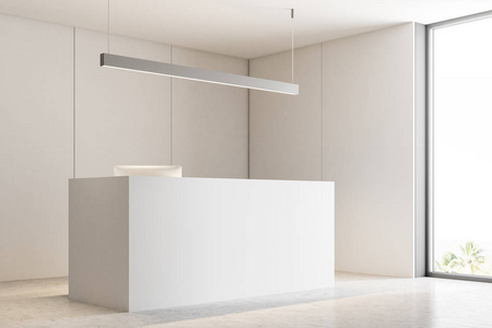 白色招待会桌站立在一个现代公司办公室角落与米色墙壁和白色地板。密切的商业内部概念。3d 渲染模拟