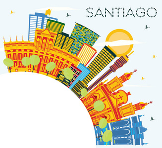 圣地亚哥智利天际线与彩色建筑, 蓝天和复制空间。矢量插图。商务旅行和旅游概念与现代建筑。圣地亚哥城市景观与地标