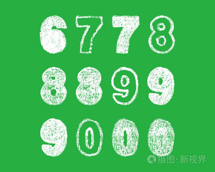 手写白色粉笔粗体阿拉伯语数字 6 7 8 9 0 在绿色背景 手绘粉笔
