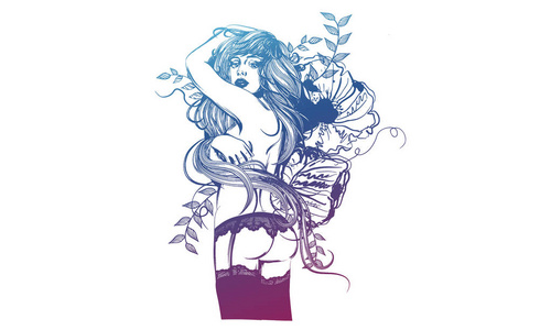 美丽的女孩站在她的背部周围的花朵