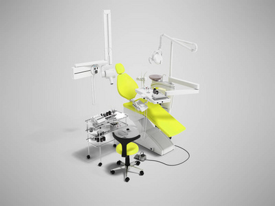 牙科用工具和用具的现代黄色牙科椅和床头表3d 渲染灰色背景与阴影