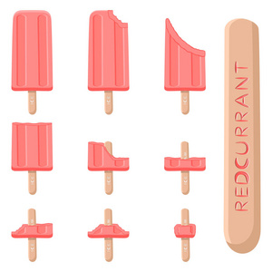 矢量插图标志为天然红醋栗冰淇淋在棍子上。冰淇淋模式包括甜冷冰淇淋, 设置可口的冷冻甜点。红醋栗鲜浆果各式各样枝