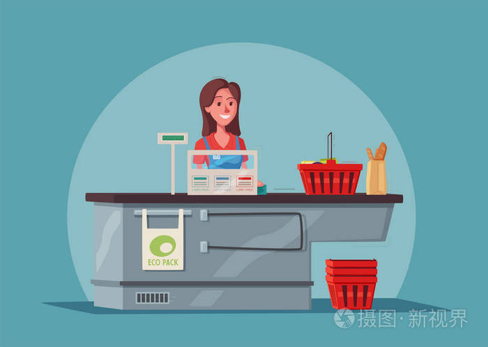 超级市场的女收银员.卡通矢量插画
