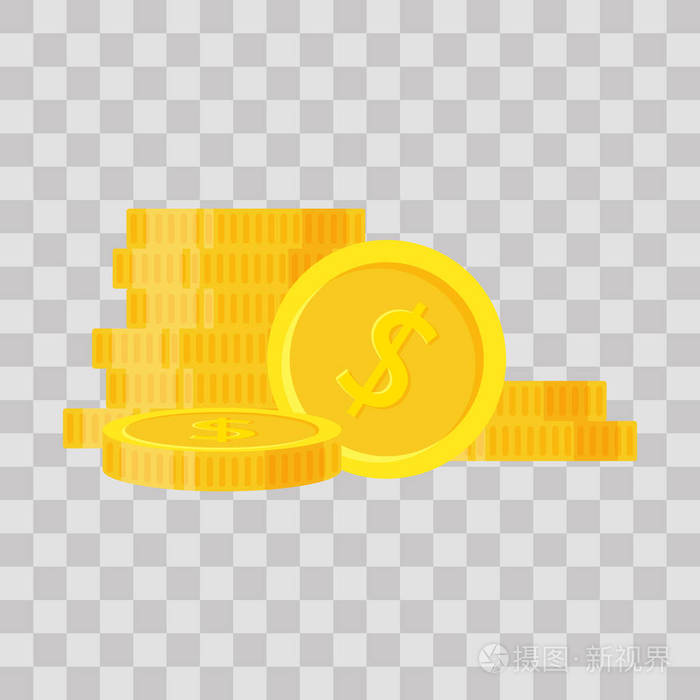 金黄金钱站立在堆积 金子片断在透明背景-平的样式插画-正版商用图片
