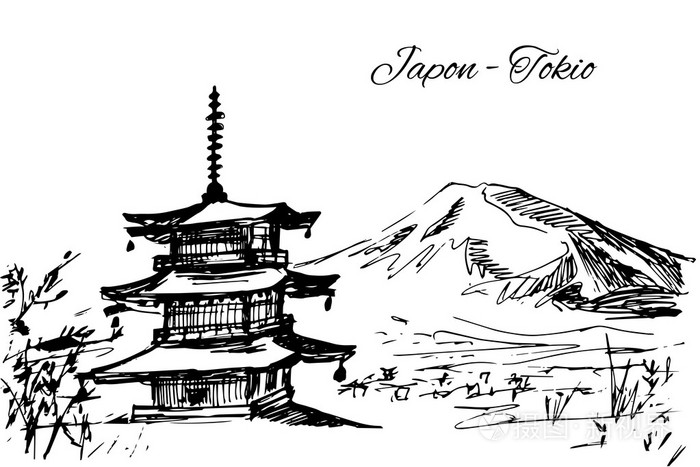 手画日本多层宝塔场景